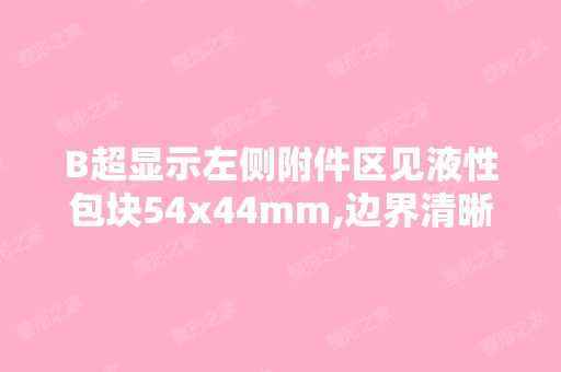 B超显示左侧附件区见液性包块54x44mm,边界清晰，壁...